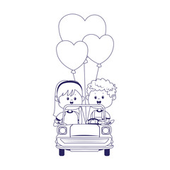 Happy boy and girl in a classic car with heart balloons, flat design