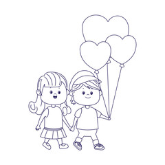 happy girl and boy walking with hearts balloons, flat design