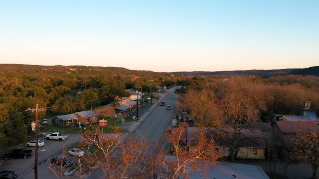 4K Wimberley Texas Main Street Highway 12 At Sunset Drone Footage