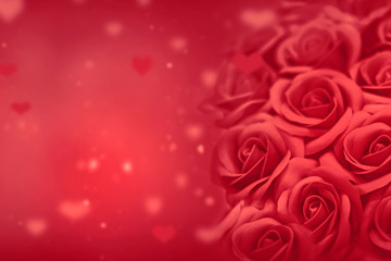 Obraz na płótnie Canvas Valentines Day Background - Red Roses And Blured Hearts On Abstract Romantic Background. Valentines Day Concept.