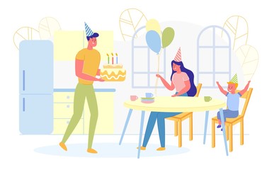 Happy Parents Giving Birthday Cake to Son Flat.