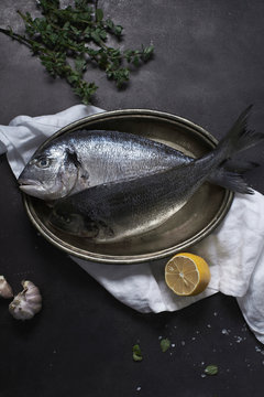 Fresh raw dorado fish with herbs and lemons on dark background
