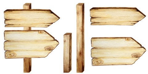 Watercolor Wooden signboards, empty Blank isolated. Set of vintage old, retro Hand painted wood banners, planks, board. Signs for messages with arrow for pathfinding. Illustration with space for text