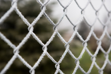 Ice crystals or hoarfrost on a metal mesh fence. Abstract background.	