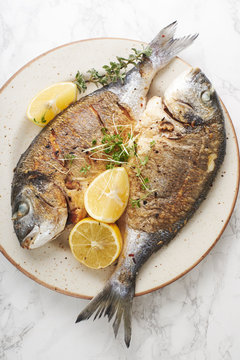 Cooked dorado fish with lemons and herbs