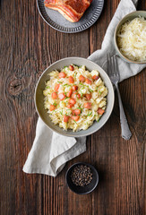 Kapustove halusky known as Strapacky, classic dish in Slovakia, boiled potato dumplings with sauerkraut and onion, topped with fried bacon and fresh chives