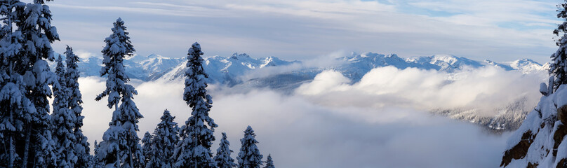 Whistler, British Columbia, Canada. Beautiful Panoramic View of the Canadian Snow Covered Mountain...