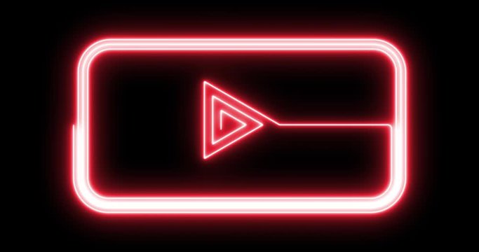 Appearing flickering neon spiral in the form of play button in rectangle spiral.