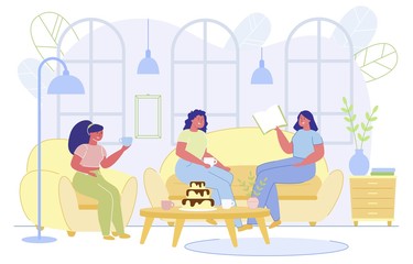 Banner Girls Have Rest in Coffee Shop, Cartoon.