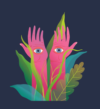 Fantasy raised pink arms and hands with eyes on palms, mysterious and spiritual poster design.