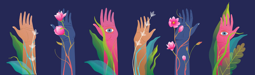 Hands raised with eyes on palms watching mysterious and spiritual horizontal design.