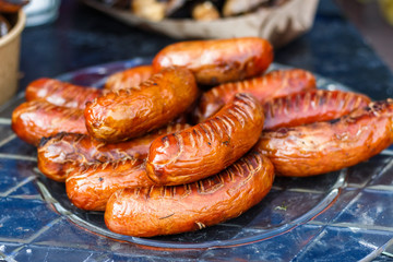 sausages at the counter of the street food festival