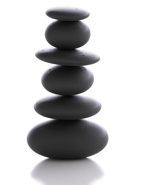 Zen stone - gray sea pebbles pyramid - balanced in harmony stack of stones on white background -  concept 3D rendering healing precious mineral