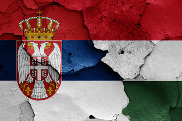 flags of Serbia and Hungary painted on cracked wall
