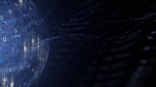 Futuristic digital computer cyberspace with sphere rotation and binary data copy space animation background.
