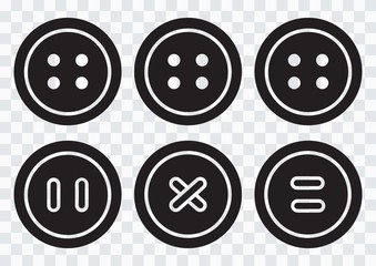 Black round clothing buttons with thread on transparent background. Vector illustration