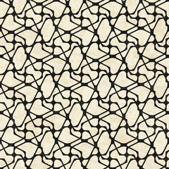 Abstract geometric wavy grid pattern, design in black and beige colors, textured seamless vector illustration