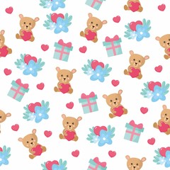 Seamless pattern for Valentine's Day. Bright illustration with teddy bear, gift box, floral bouquet. Background for fabric print, texture and wrapping paper.