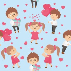 Seamless pattern for Valentine's Day. Bright illustration with romantic couple. Valentines girl and boy. Background for fabric print, texture and wrapping paper.
