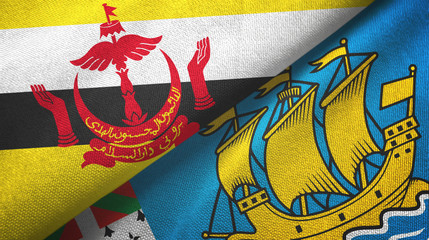 Brunei and Saint Pierre and Miquelon two flags textile cloth, fabric texture