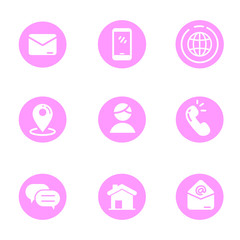Set of contact us icons in flat pink design contains such as email, phone, address and more 