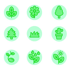 Set of plants related icons in filled green line design contains such as leaf, flower, tree and more 