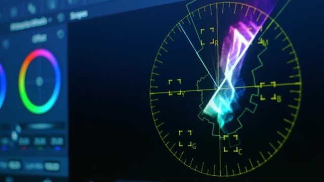 Close-up Front View Of Video Waveform Monitor With Separate RGB Colors And Wave Changes For Playback