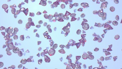 Rain of gemstones highlighted in ruby color. Diamond cut. On light blue background. 3D rendering.