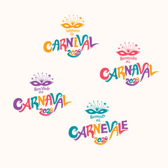 Welcome to Carnival. 2020. Set of four bright Carnival logos in four languages, English, Italian, Spanish and Portuguese. Logo in Carnival, Carnaval. Vector handwritten logo with masks. 