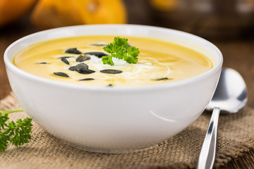 Fresh made Pumpkin Soup (close-up shot)
