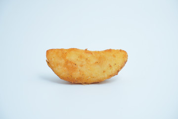 A slice of fried potato on white background.