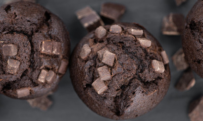Fresh made Chocolate Muffins on a slate slab (close-up shot; selective focus)