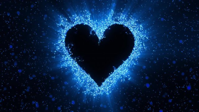 Blue shining heart shaped glitter background. St. Valentines Day love animation. Blurry bokeh defocused sparkles. Vivid colored glowing particles. Romantic lovely logo copy space. alpha copyspace 4k