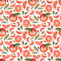 Watercolor seamless pattern with red oranges tangerines citrus fruits green leaves isolated on white background. Fruit repeated background. Botanical illustration for fabric textile