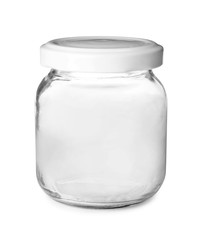 Closed empty glass jar isolated on white