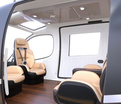 Luxury interior of flying car (air taxi). The front seats turned to backward. 3D rendering image.