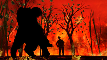 Silhouette of koala running and escaping from fire in Australia 3d rendering