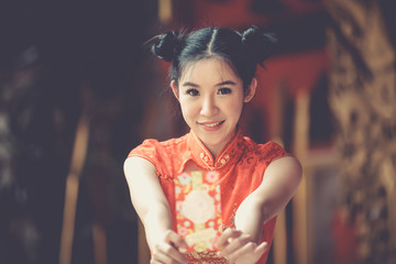 beautiful girl in the Cheongsam red dress