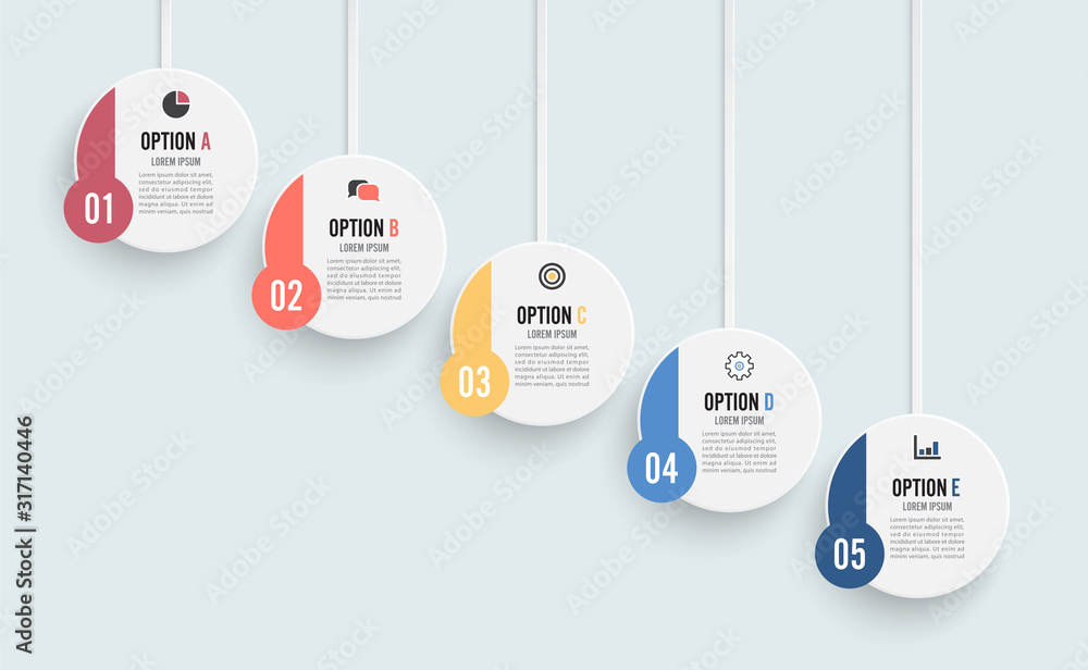 Aufkleber template timeline infographic colored horizontal numbered for five position can be used for workflow