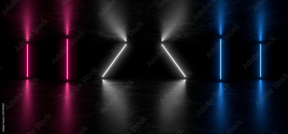Poster beautiful composition of colored neon lights on a black background. 3d rendering image.