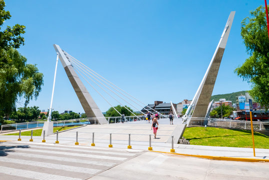 Argentina Villa Carlos Paz people on Central bridge in a sunny day