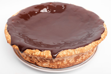 flowing chocolate pie. sponge cake with hot chocolate