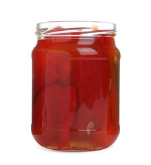 Glass jar with pickled bell peppers isolated on white