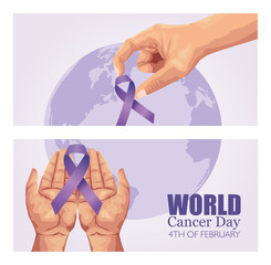 world cancer day poster with hands and ribbon