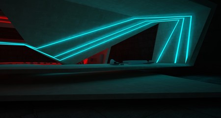 Abstract architectural concrete interior of a minimalist house with colored neon lighting. 3D illustration and rendering.