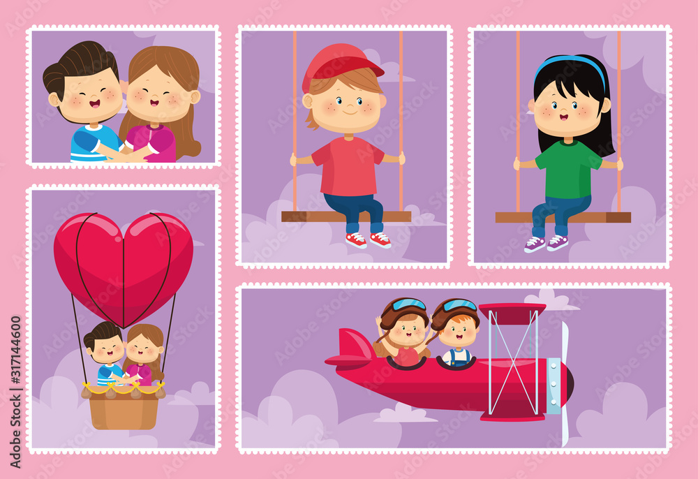 Sticker cute little kids couples group characters