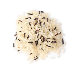 Mix of brown and polished rice isolated on white, top view