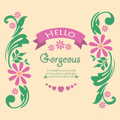 Modern pattern of leaf and pink flower frame, for elegant hello gorgeous greeting card wallpaper decor. Vector