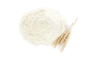 Organic flour and spikelets isolated on white