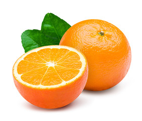 Orange fruit and cut in half with leaves isolated on white background. Ripe orange clipping path.